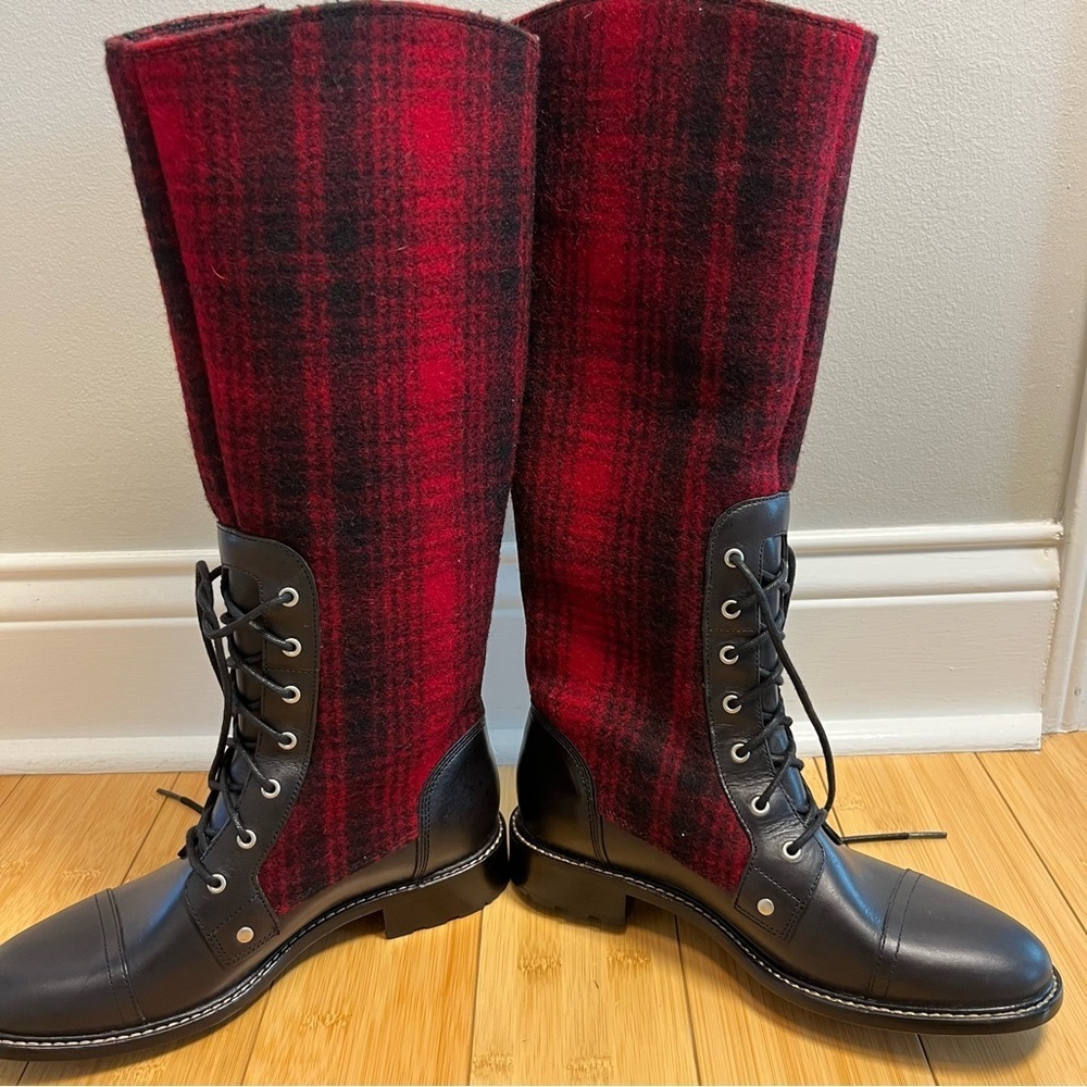 Woolrich Roadhouse Red and Black Plaid Fabric Leather Riding Boots Size 6,5